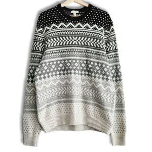 GAP Lamb Wool Blend Nordic Ombre Fair Isle Sweater Knit Gray & White Sz L